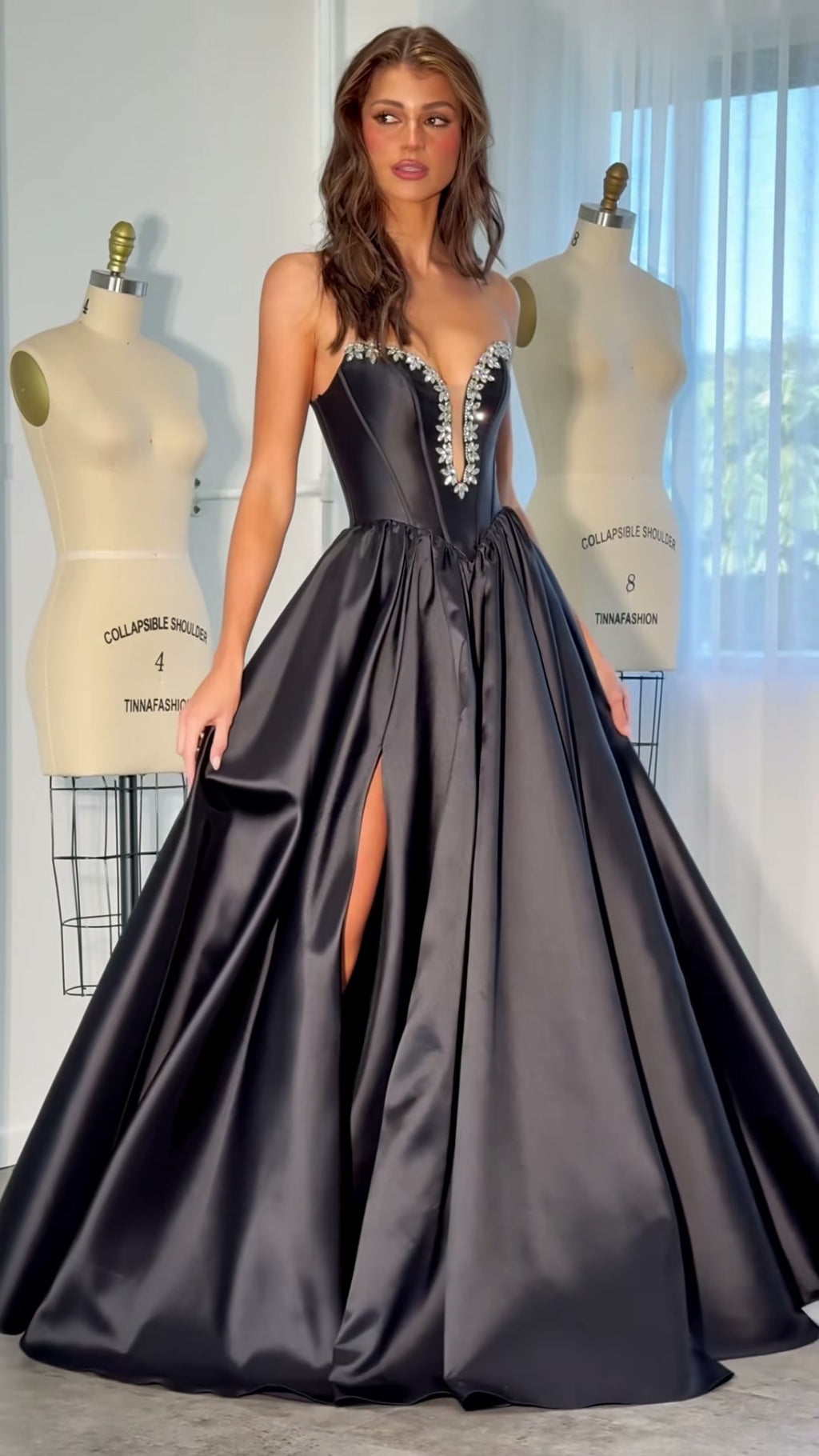 black-satin-ball-gown-strapless-crystal-neckline-prom-dress-with-slit