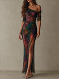 Starry Print Asymmetrical One-shoulder Pleated Chiffon Maxi Dress