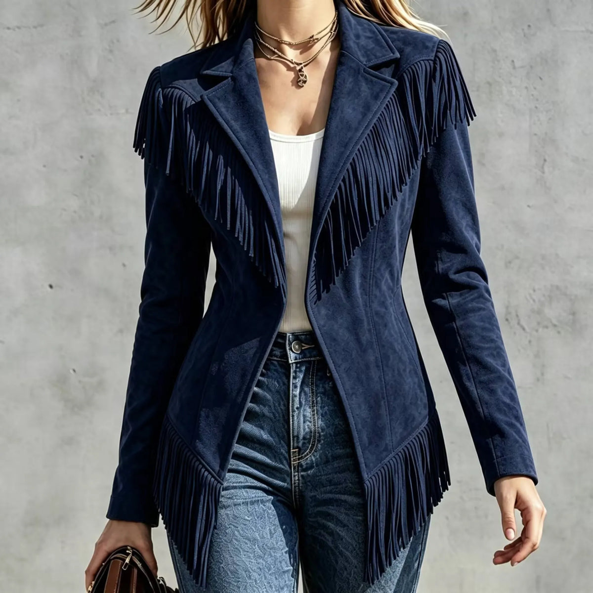 Fitted Faux‐suede Fringe Western Jacket