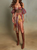 Boho Cold-Shoulder Mixed Print Chiffon Dress With Slit