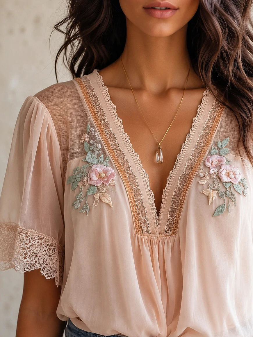 Boho Delicate Lace Floral Embroidered Chiffon Blouse