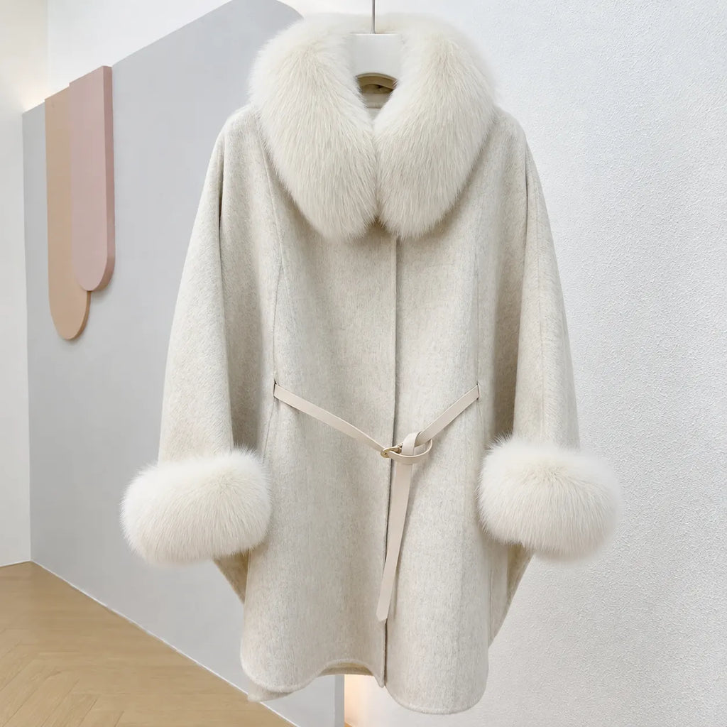 Faux Fur Collar Cape Coat With Belt