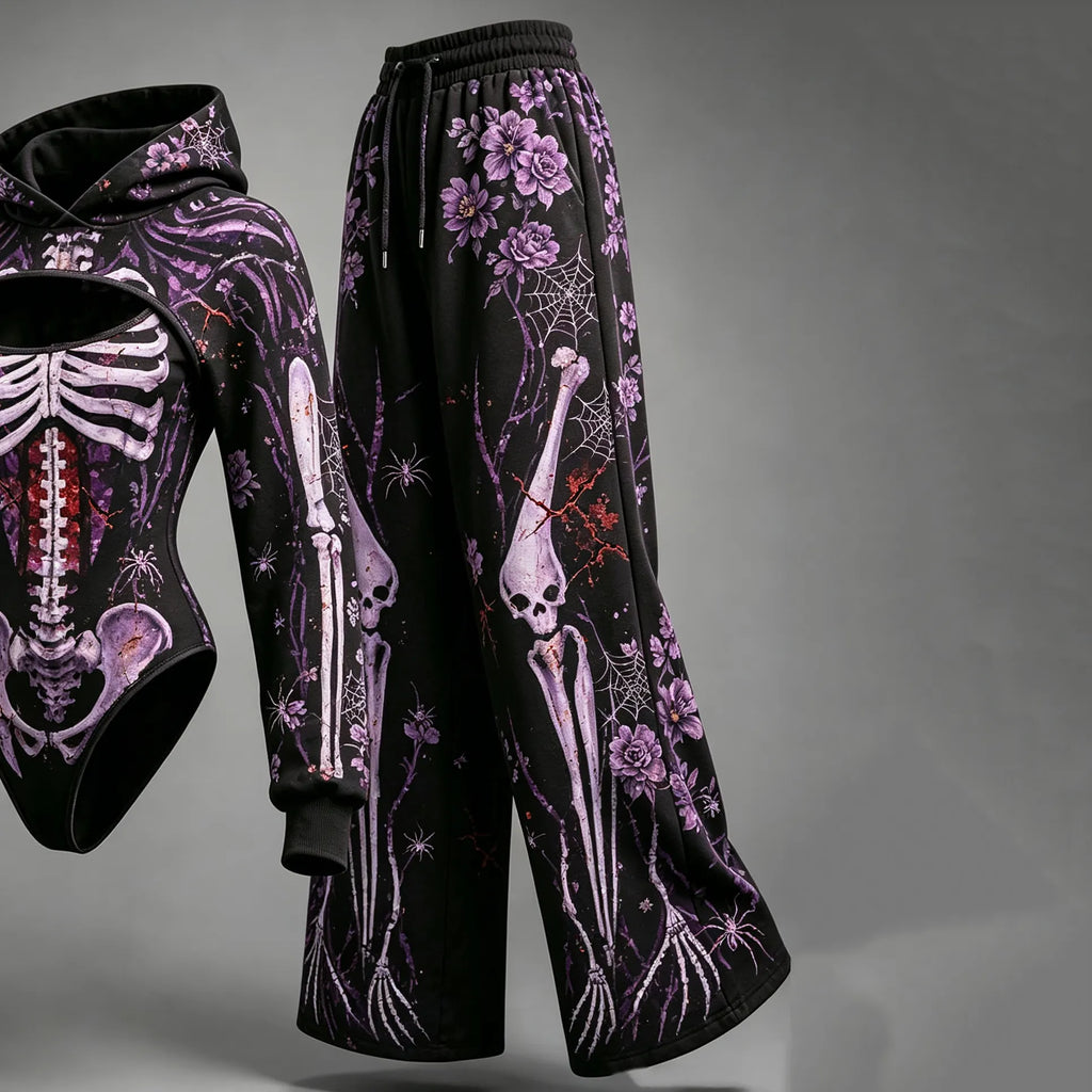 Women's Halloween Skeleton Spider Web Rose Print Hooded Three-piece Set