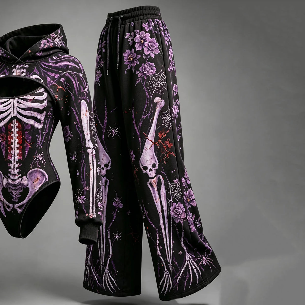 Women's Halloween Skeleton Spider Web Rose Print Hooded Three-piece Set