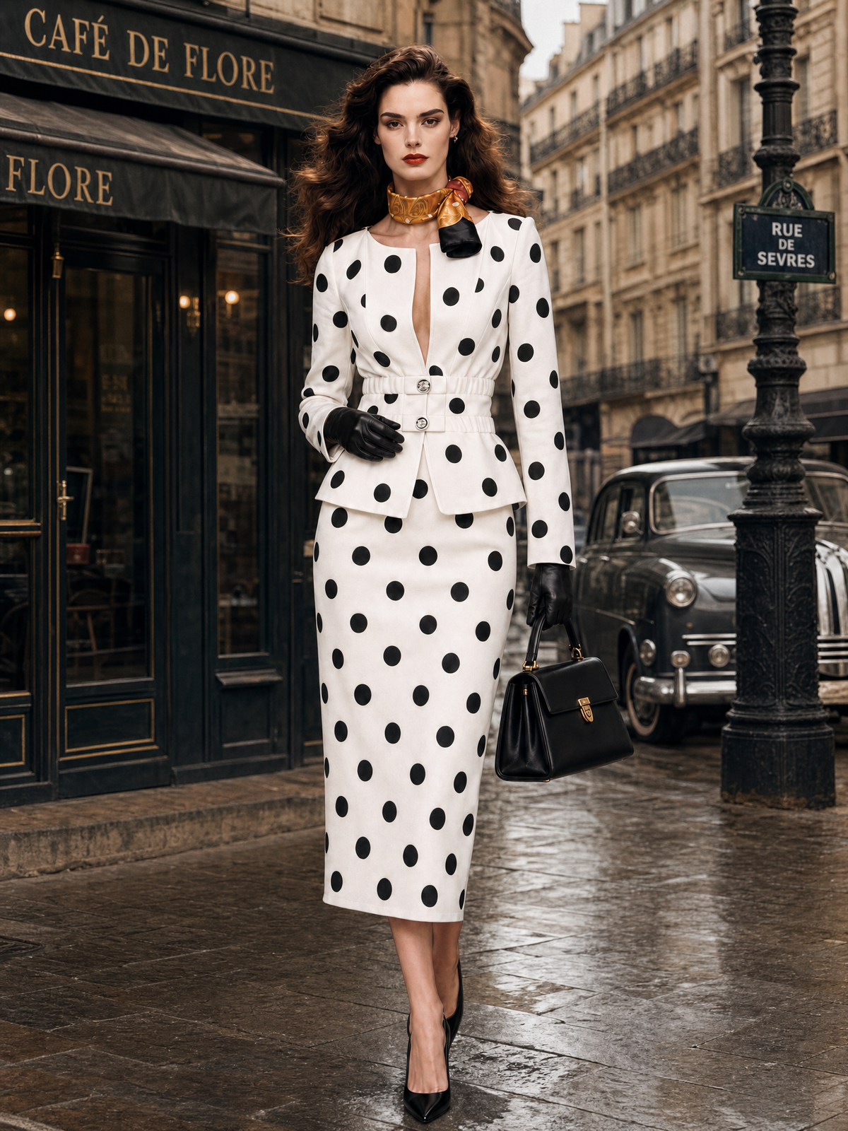 Vintage Polka Dot Print V-Neck Two-Piece Skirt Set