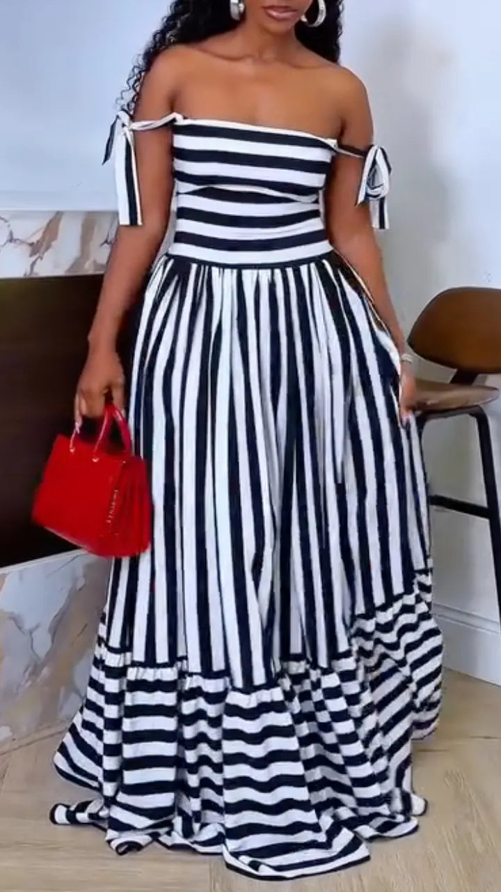 Striped Tie‐Strap Maxi Dress