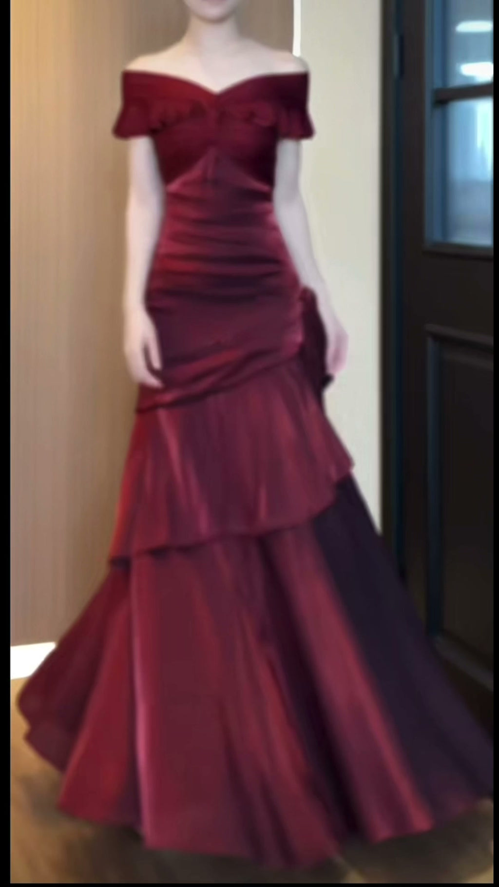 burgundy-off-shoulder-ruffle-gown-tiered-satin-maxi-dress