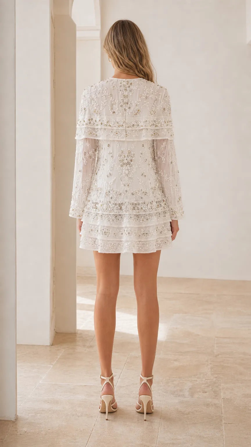 Beaded Capelet Long Sleeve Tiered Mini Dress