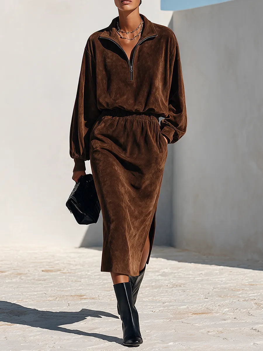 Women's Faux Suede Midi Dress With Half-Zip Stand Collar MDZ2861H4ZRK