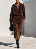 Women's Faux Suede Midi Dress With Half-Zip Stand Collar MDZ2861H4ZRK
