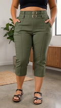 Plus‐Size Double Buckle High‐Waist Capri Pants