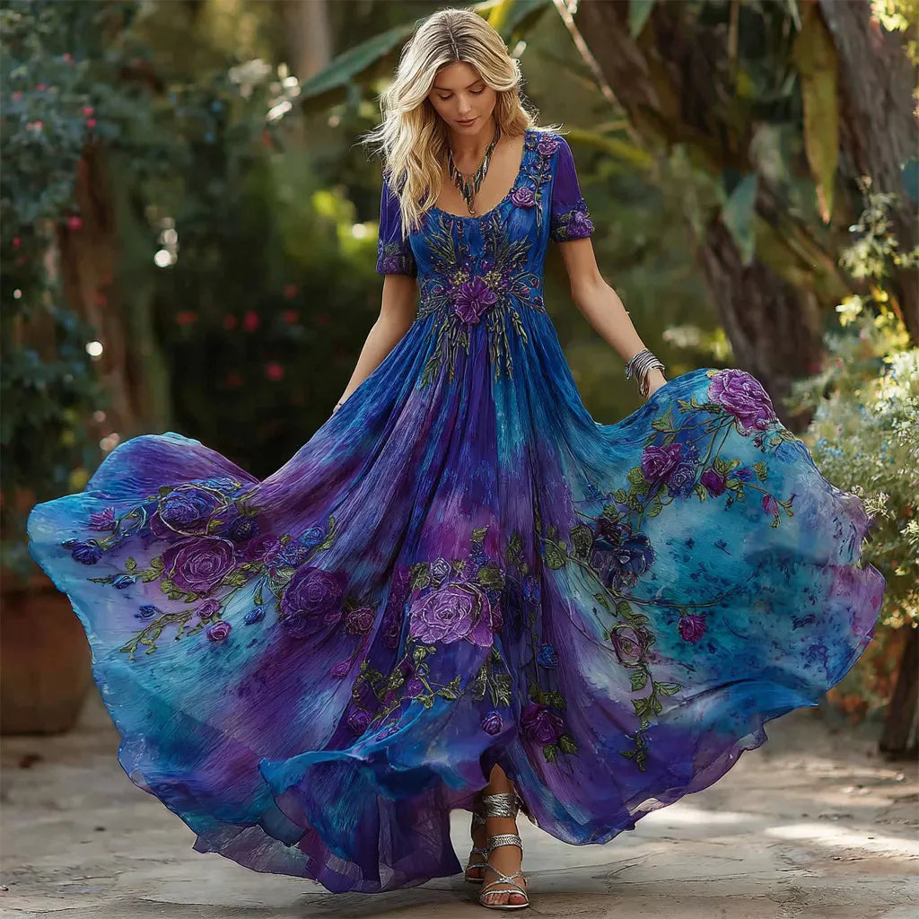 Retro Purple Rose Dress – Short Sleeve, Best Value