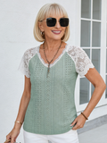 Textured Fabric New V-neck Lace Splicing Loose Casual Hole T-shirt
