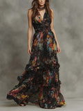 Bohemian Multicolor Abstract Chiffon Tiered Maxi Dress