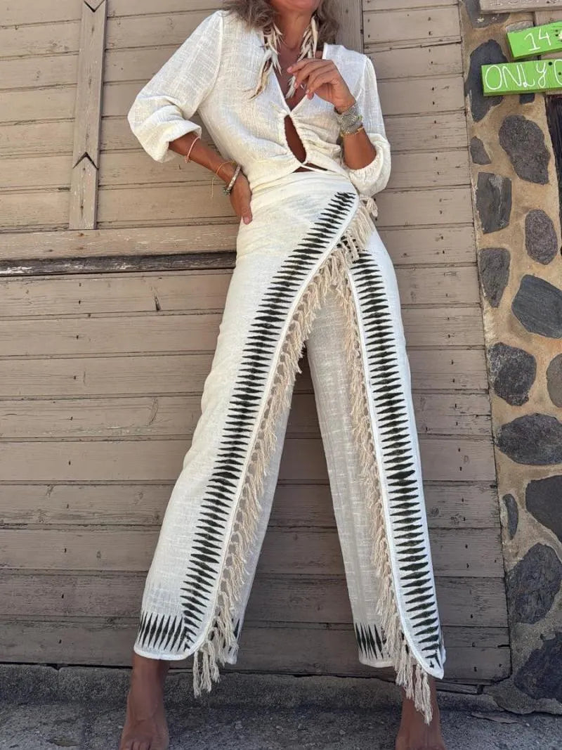 Elar Contrast Black Fringe Pants Set