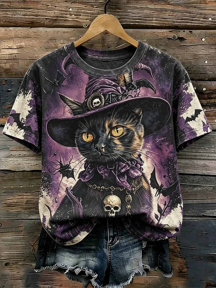 Women's Gothic Halloween Black Witch Cat Purple Skull Bat Print Distressed T-shirt