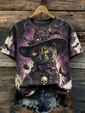 Women's Gothic Halloween Black Witch Cat Purple Skull Bat Print Distressed T-shirt