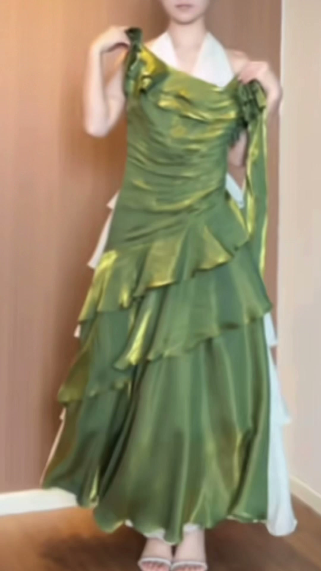 olive-green-one-shoulder-ruffle-gown-asymmetric-tiered-maxi-dress