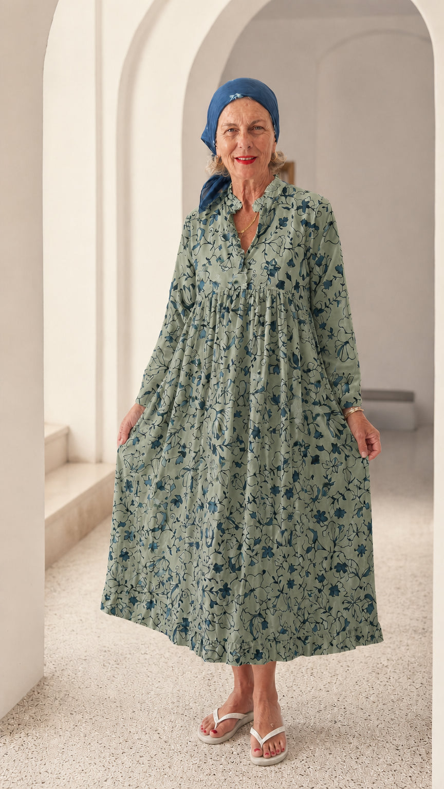 Floral Print Ruffle Collar Long Sleeve Midi Dress