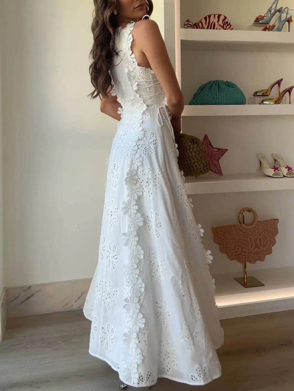 Delicate Lace Hook And Lace Up Sides Maxi Dress