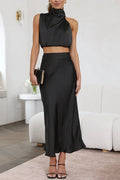 Satin Halter Crop Tank Top + Wrap Mini Skirt