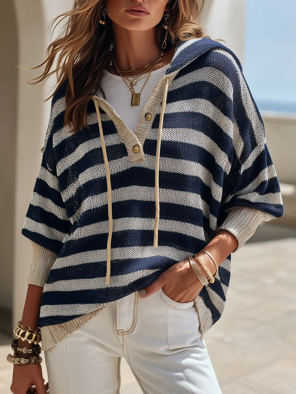 Retro Casual Striped Knit Hoodie