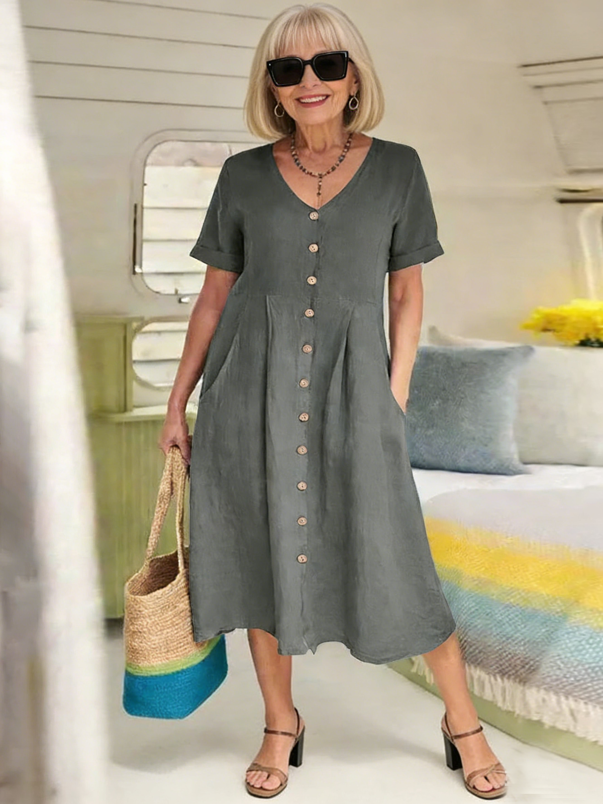 Solid Color Loose High Waist Cotton and Linen Dress