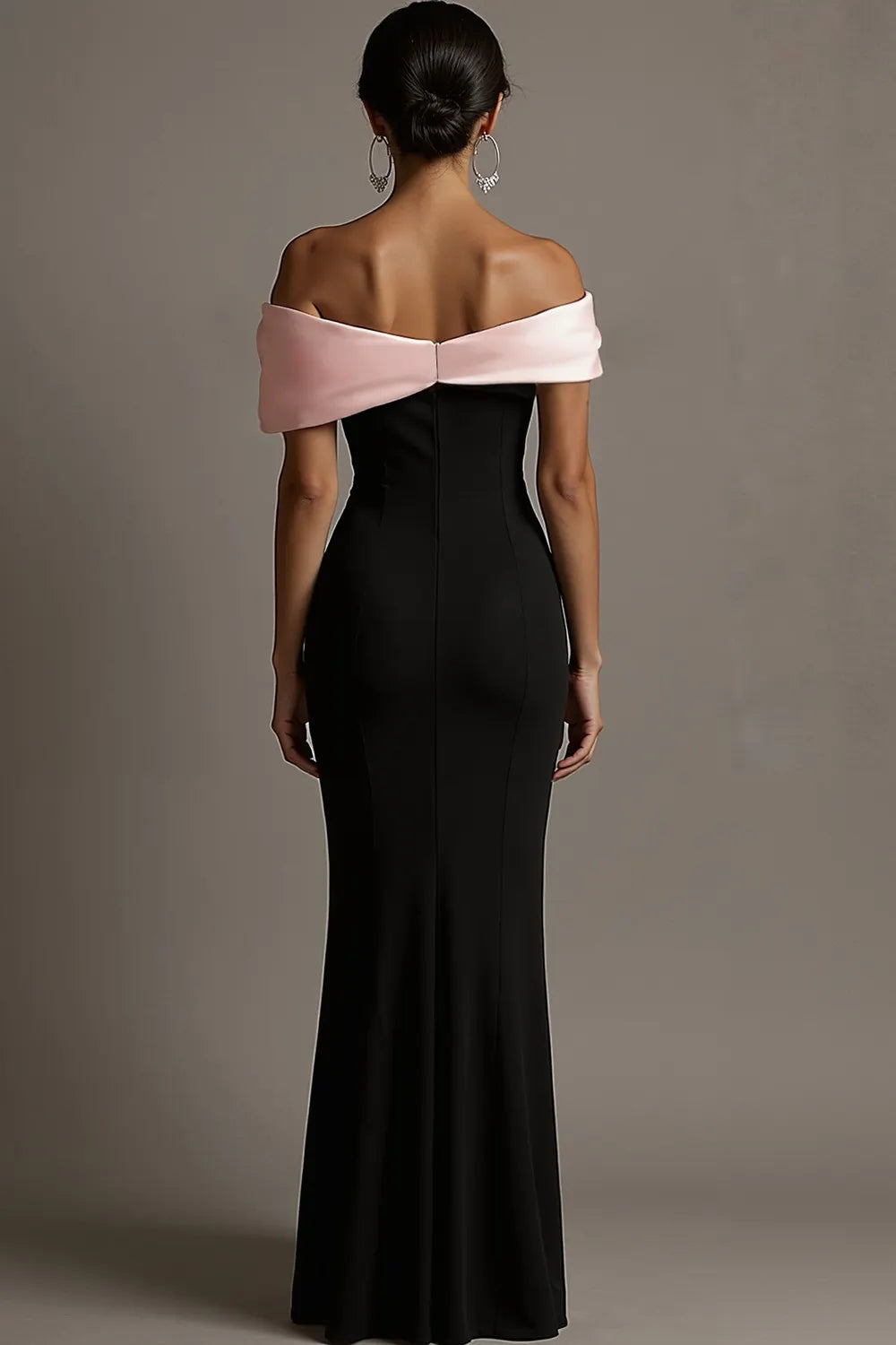Black and Pink Off the Shoulder Sheath Satin Maxi Evening Dress