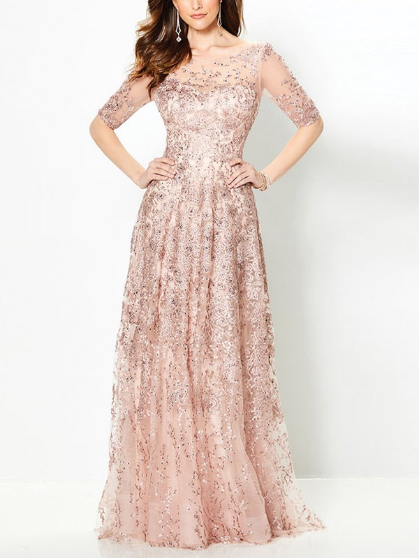 Round Neck Lace Solid Color Maxi Dress