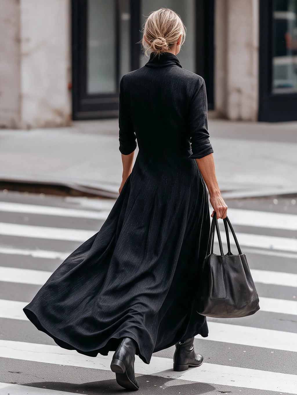 Elegant Black High Neck Button Front Maxi Dress with Pockets - Relaxed Long Sleeve A-Line Dress