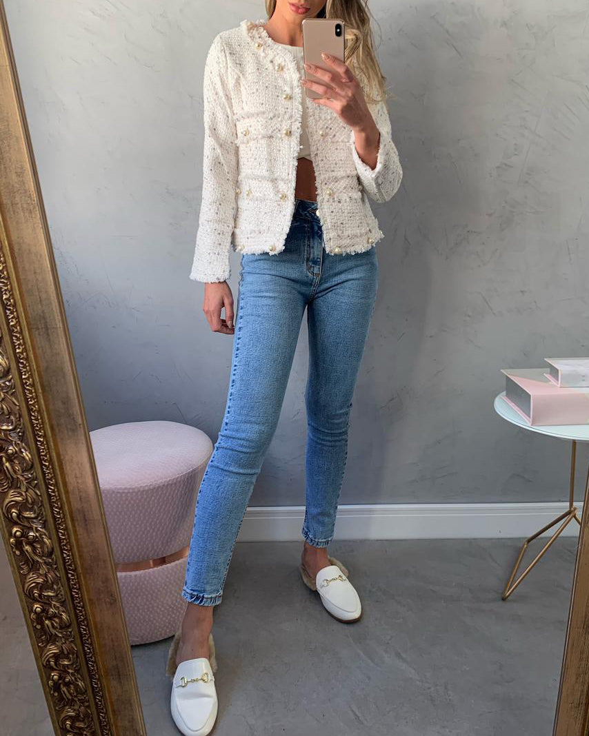 Women's Round Neck Pearl Tweed Jacket