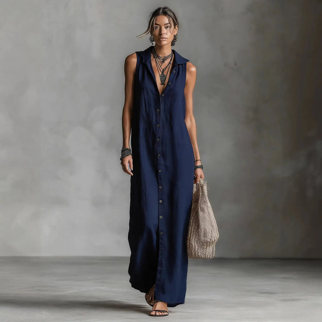 Sleeveless Maxi Dress With Hooded Collar And Front Button Closure
