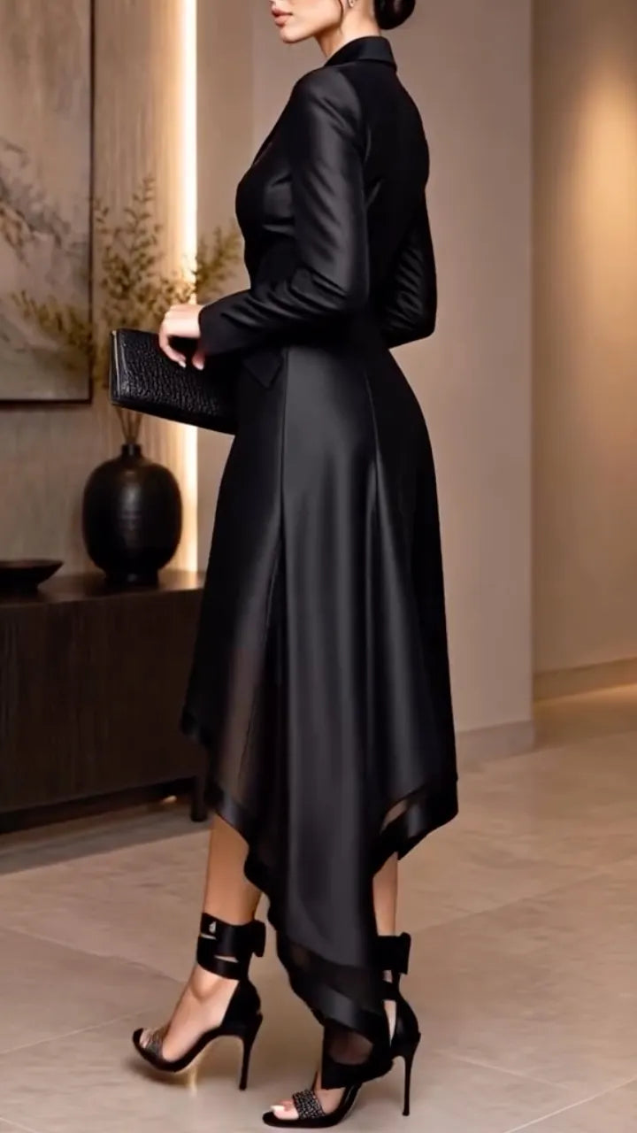 Black Satin High‐Low Blazer Dress