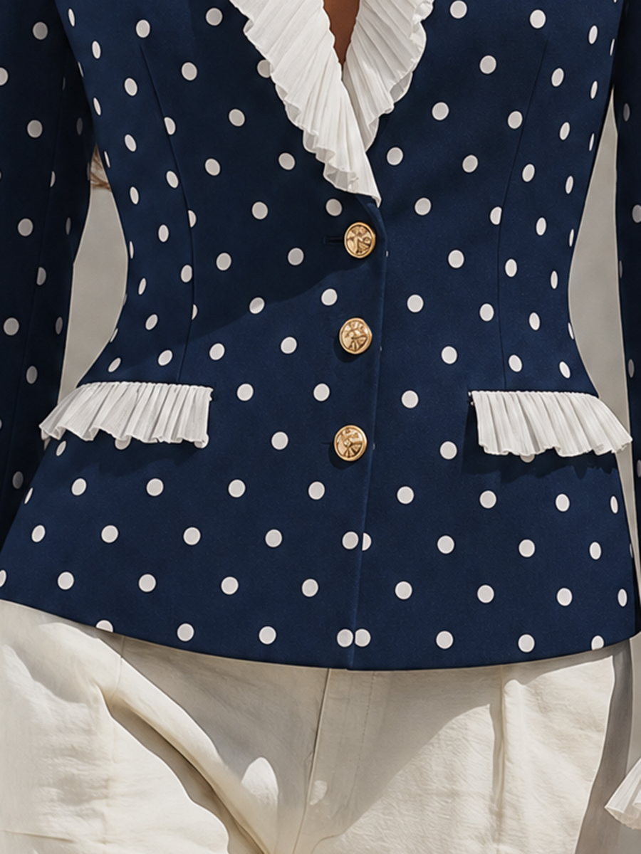 Vacation-style V-neck Polka-dot Ruffled Blazer