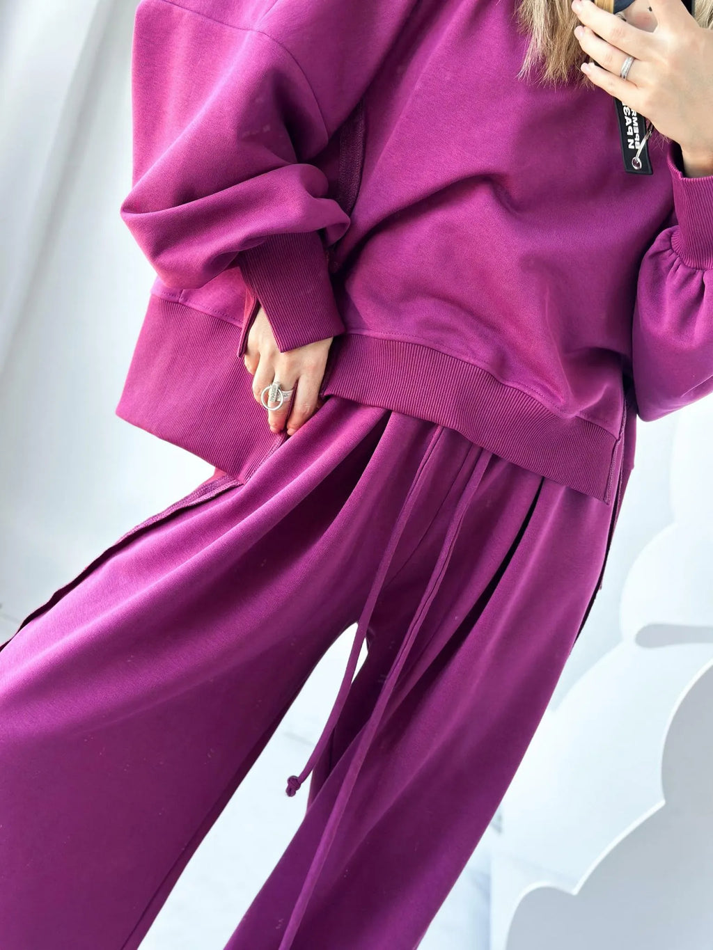 Women Round Neck Spliced Sweatshirt + Drawstring Pants Casual Set