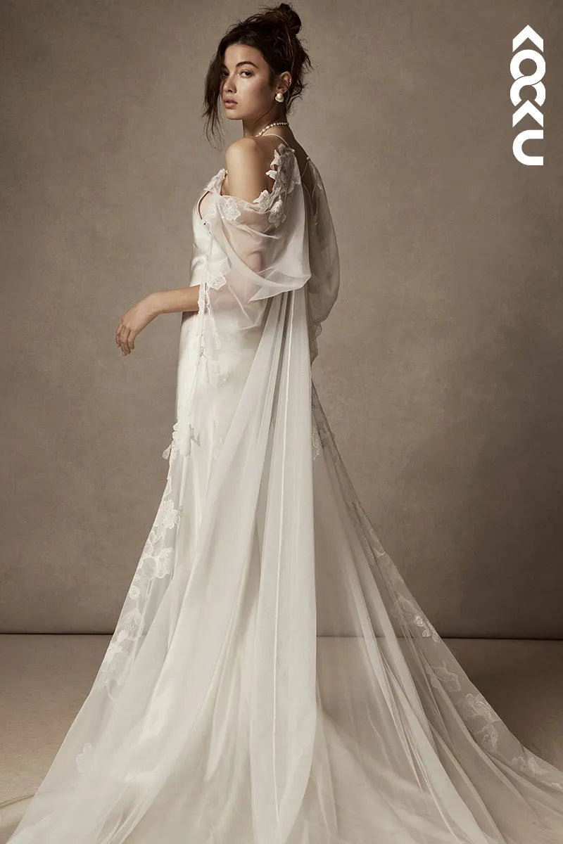 K1823 - Spaghetti Straps Satin Tulle Mermaid Long Wedding Dress With Sweep Train
