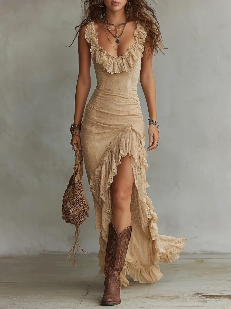 Boho Ruffled-Collar Lace Maxi Dress With High Slit