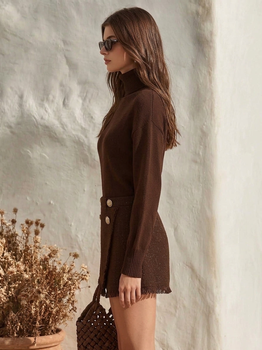 Countryside Rustic Chocolate Brown Knit Tweed Two Piece Skirt Set