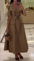 Khaki Trench‐Style Midi Dress