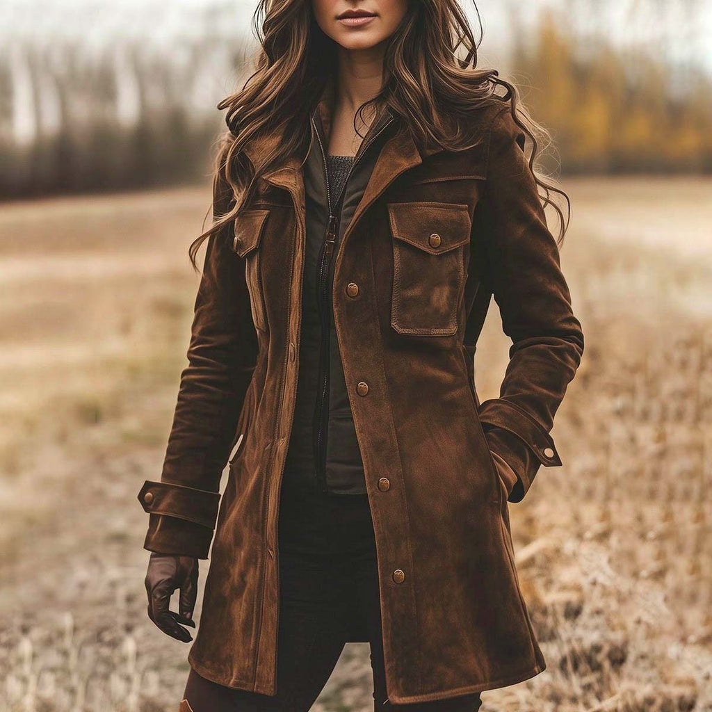 Women's Vintage Mocha Brown Suede Lapel Collar Mid-Length Coat Jacket