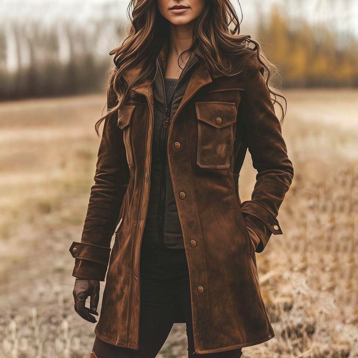 Women's Vintage Mocha Brown Suede Lapel Collar Mid-Length Coat Jacket