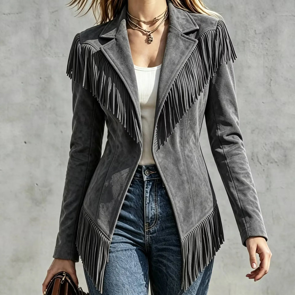 Fitted Faux‐suede Fringe Western Jacket