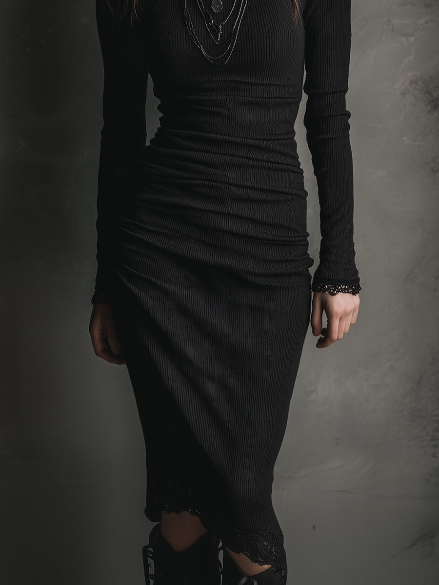 Basic Versatile Bottoming Lace Patchwork Stretch Knit Midi Dress