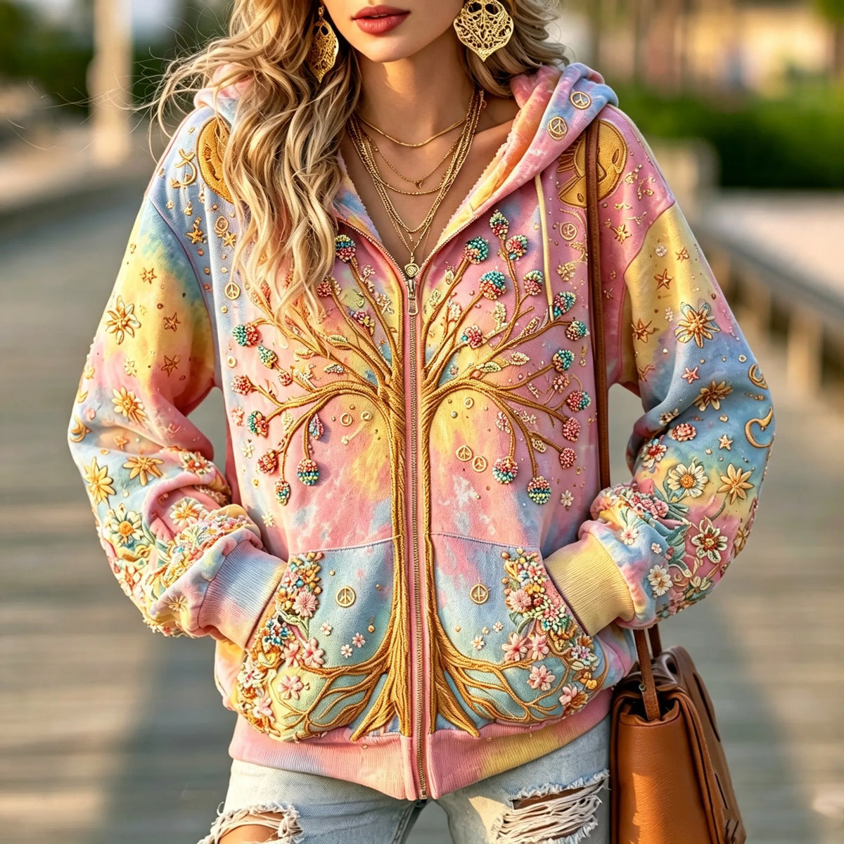 Women's Retro Hippie Floral And Tree Of Life Embroidered Gradient Zip-up Hoodie