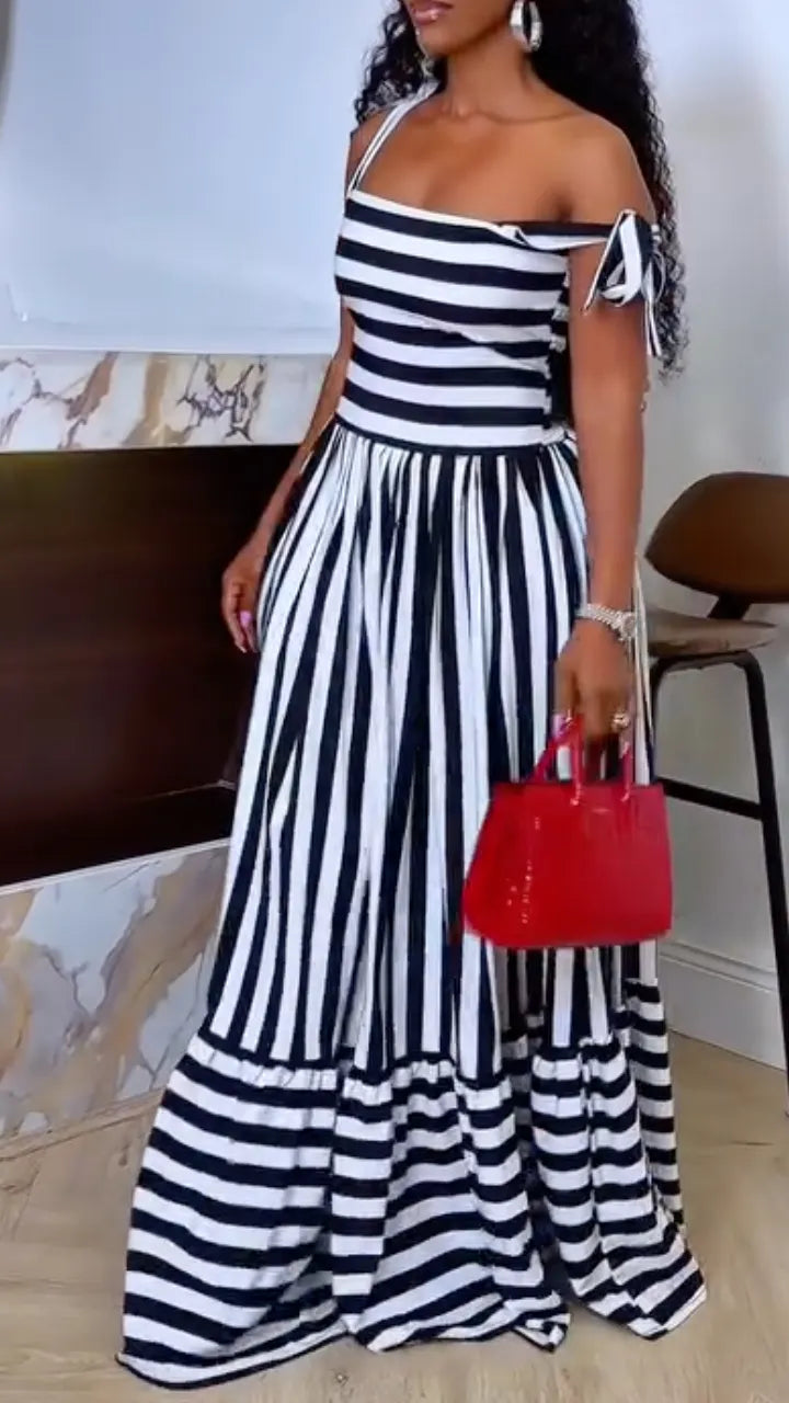 Striped Tie‐Strap Maxi Dress