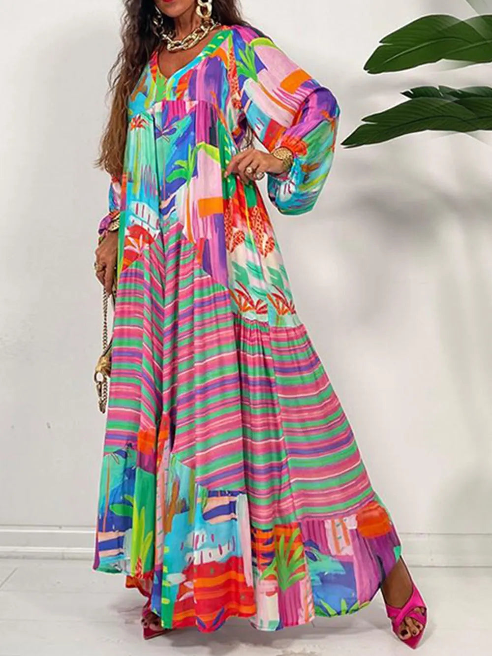 Oversized V-Neck Printed Maxi Dress