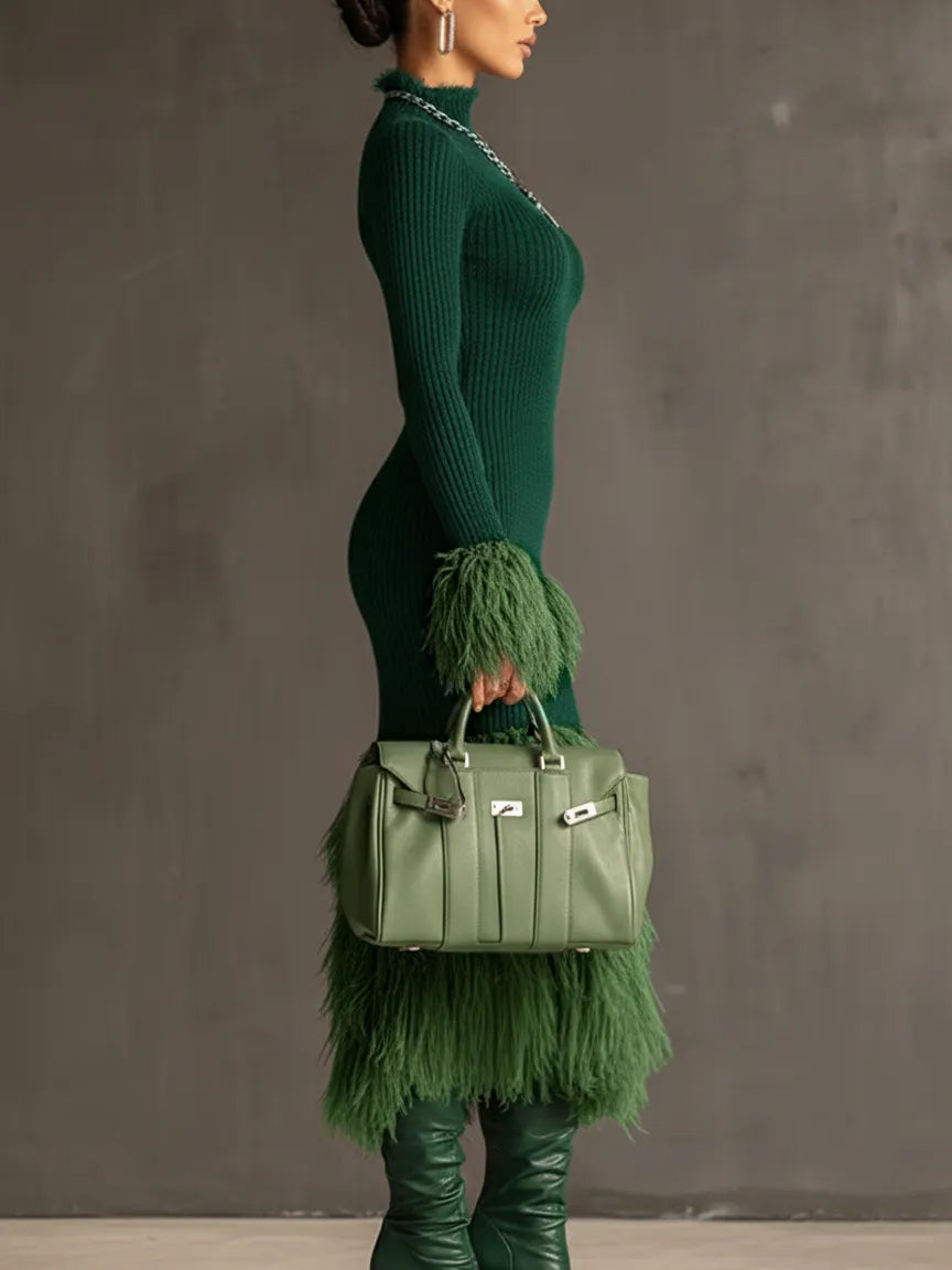 24-Hour-Shipping Emerald Knit Patchwork Eco Faux Fur Long Sleeve Bodycon Dress
