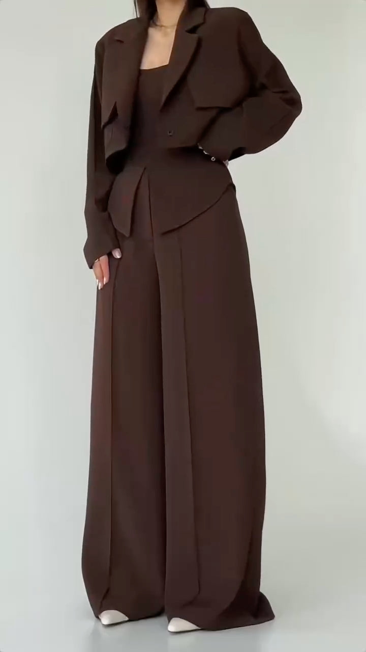 Taupe Cropped Blazer Two‐Piece Pants Set