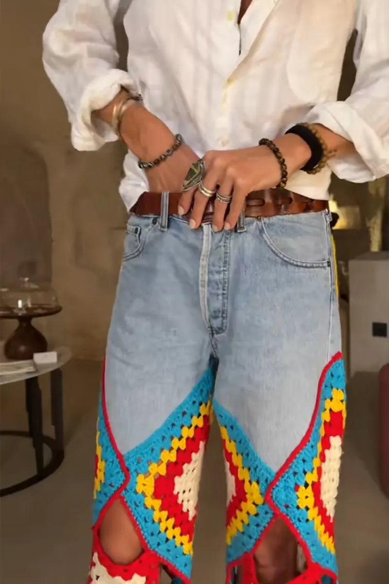 Women's Resort Multicolor Knit-Panel Fringe-Hem Pants