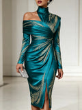 Women Long Sleeve Asymmetric Draped Ruched Slit Midi Bodycon Evening Dress